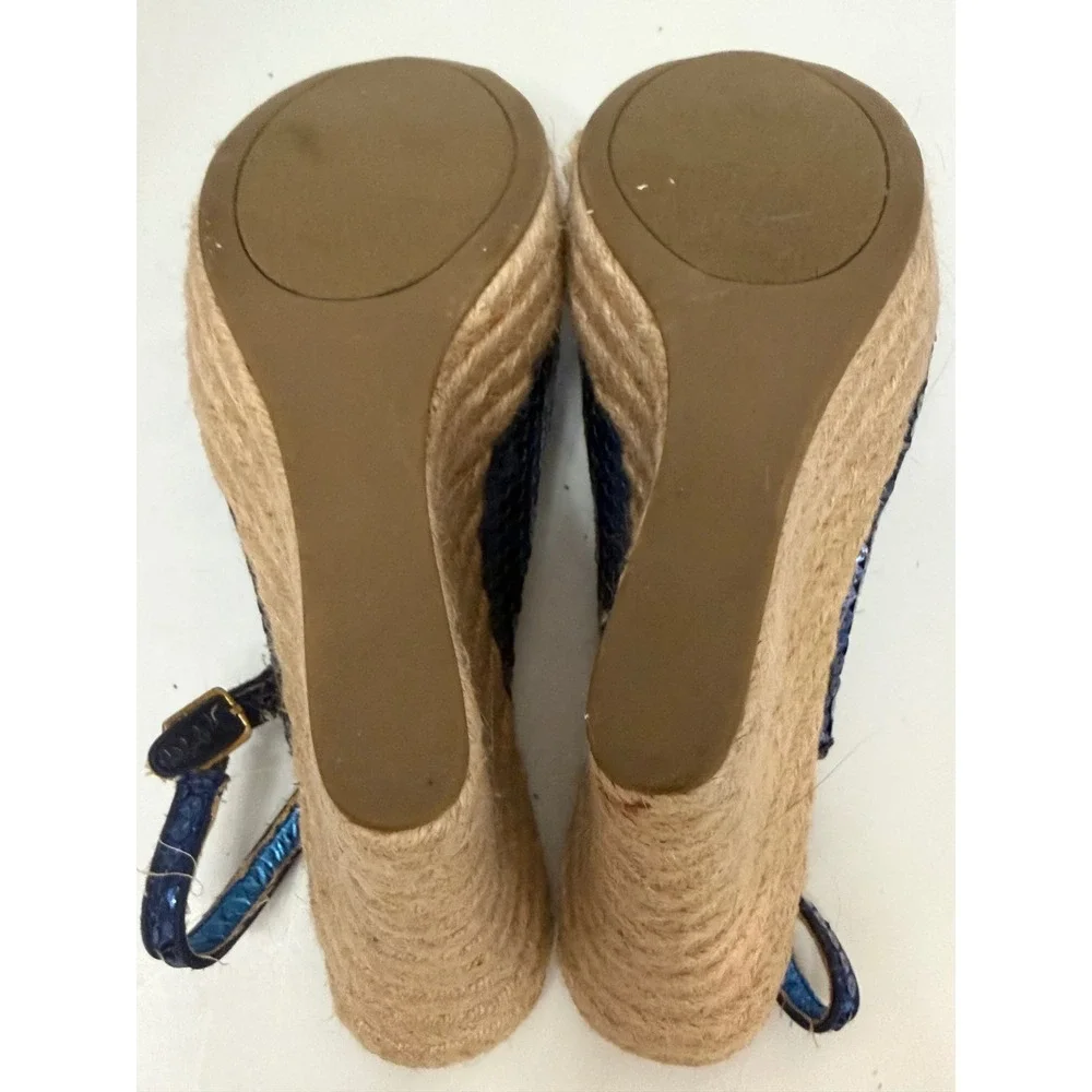 Zigisoho Blue Sequin Espadrille Wedge Sandals Slingback Peep Toe Platform Shoes